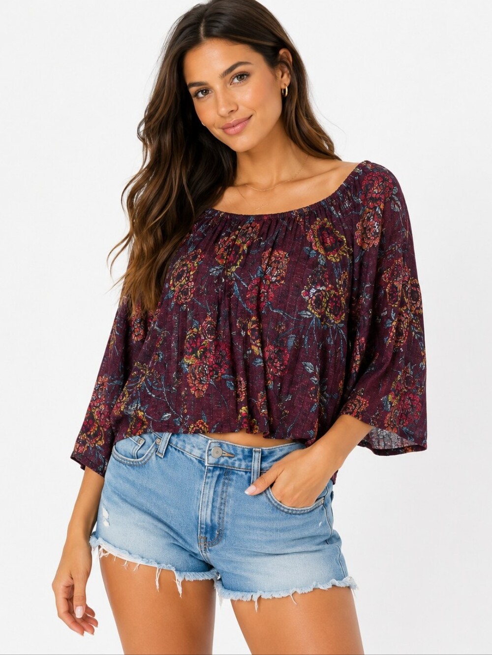 California Moonrise ($85) Burgundy Floral Boho Peasant Crop Blouse
